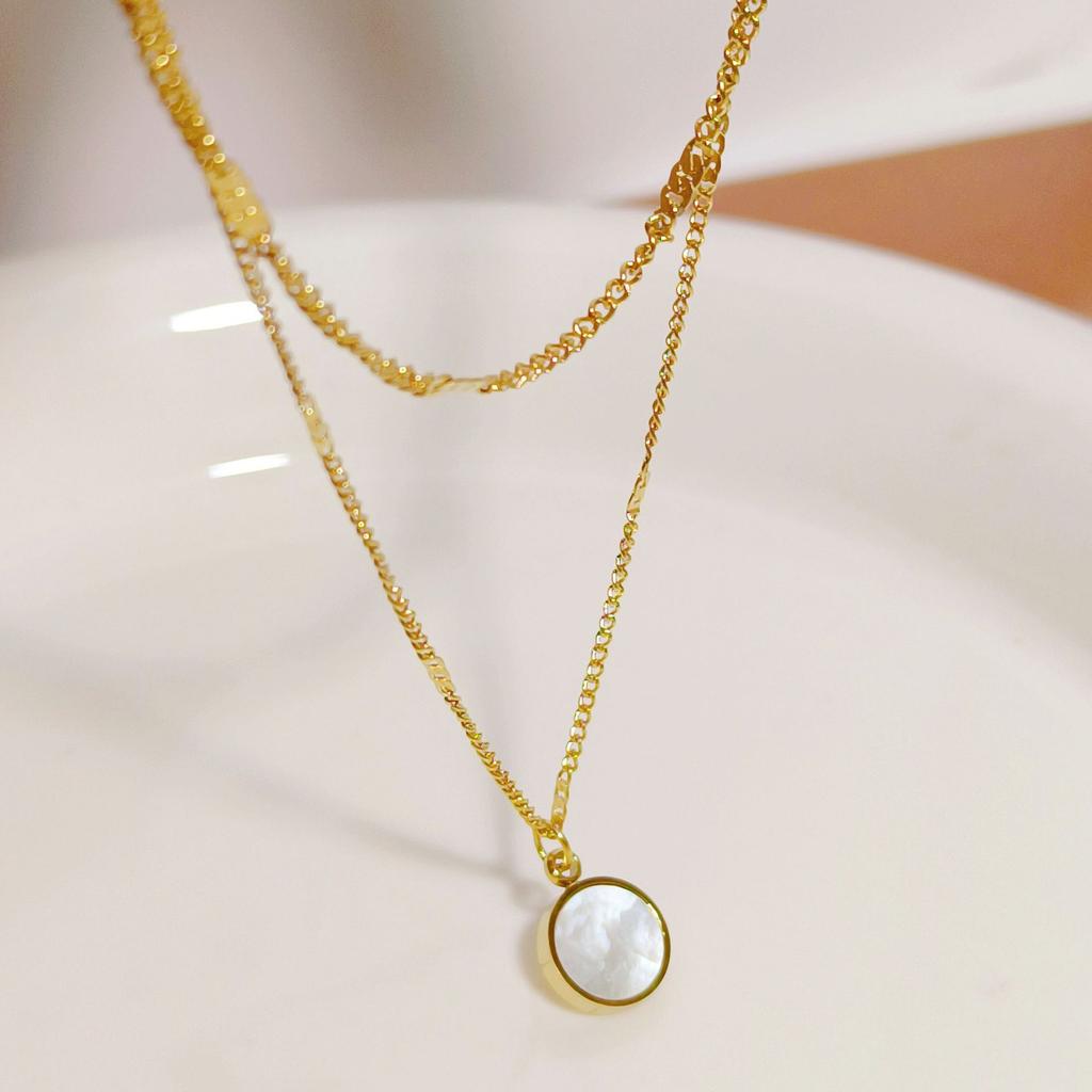 Fashion Jewelry Necklace Stainless Steel Double Layer 18k Gold Plated White Round Shell Women's Pendant Necklace Gift