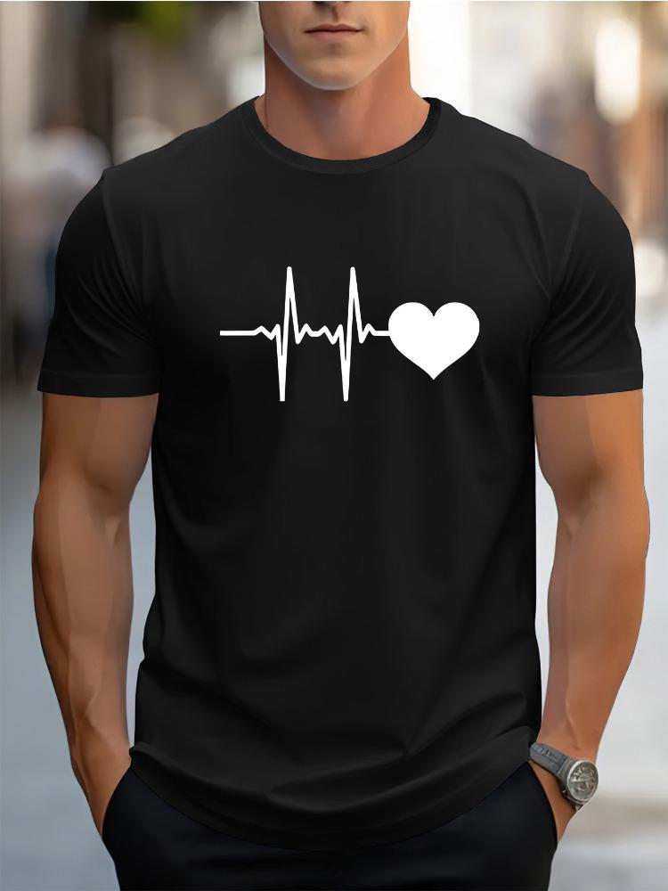 Unisex O Neck Tee Heartbeat Love Heart Pattern Print Cotton Short Sleeve Loose Summer Street Breathable Daily Casual Basic Wear Top