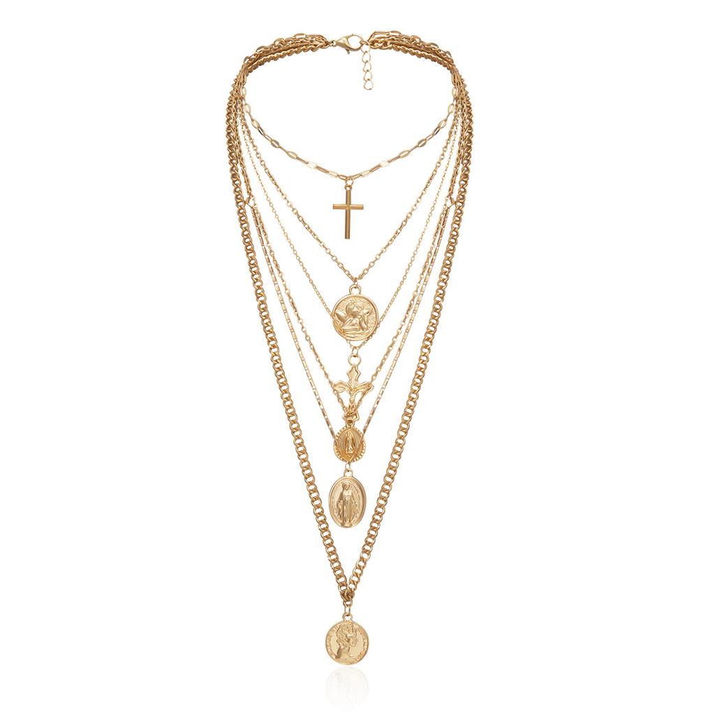Collana Personalizzata con Croce Geometrica a Rilievo, Collana Lunga Retro Eccessiva Multi-Strato con Ritratto
