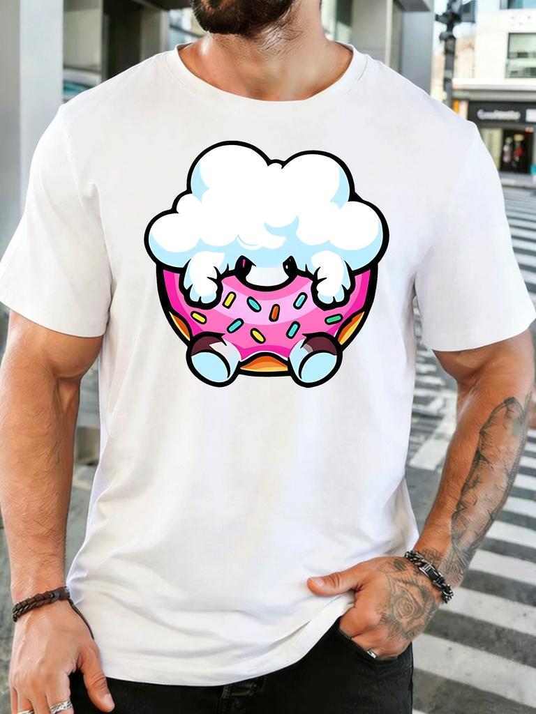 Cute Cartoon Hiding In Pink Donut Unisexs Front Print T Shirt Sweet Dessert Graphic Tee Casual Short Sleeve Top Food Lover Gift