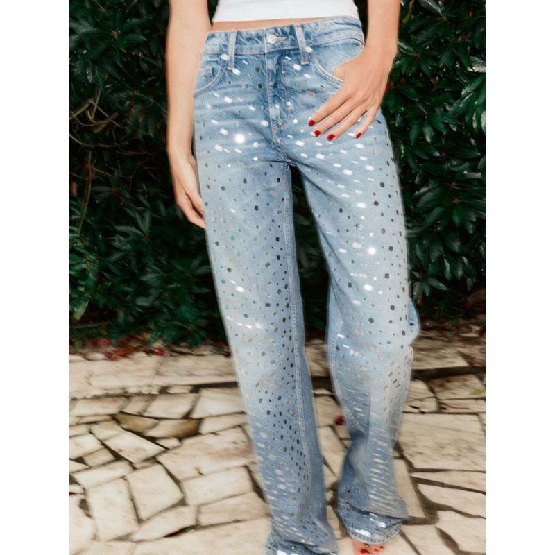 Za2024 Summer New Product Women's Clothes Mid Waist Sequin Decoration Casual Easiest for Match Wide Leg Denim Pants 6688216 400