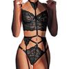 Floral Lace Garter Lingerie Set Deep V Neck 3 Piece Bra and Panty Garter Set for Women Female Black S