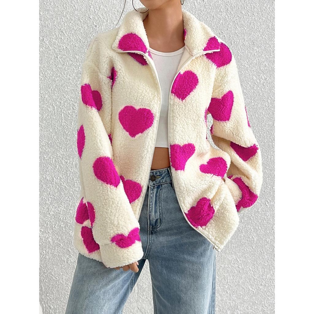 HNXC Women's Autumn and Winter Loose Long-sleeved Zipper Cardigan with Plush Heart Print