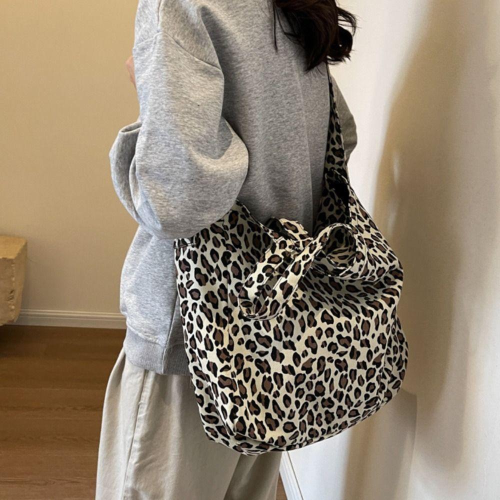 

Oversized Canvas Tote Bag Large Capacity Commuting Handbag Classic Leopard Crossboby Bag Female белый