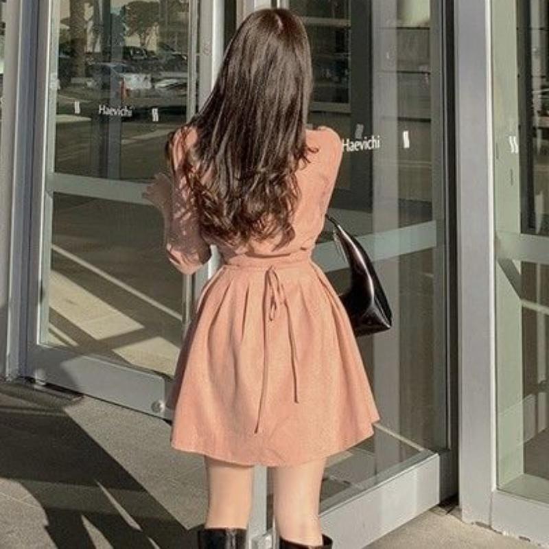 Elegant Single-Breasted Slimming Puff Sleeve Petite A- Line Dress Sweet Aesthetic Lapel Waist-Fitted Ideal