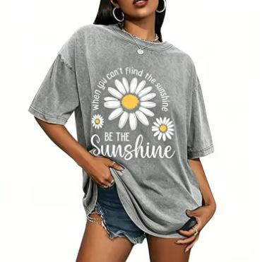 Women Summer Daisy Print T Shirt Crew Neck Loose Short Sleeve Casual Oversized Tee Tops 2026 New