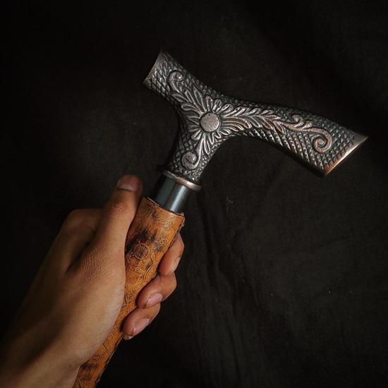 Hand-Carved Wooden Walking Stick,  Copper Floral Handle