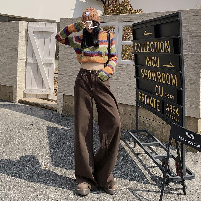 Maillard Women's Retro Brown Wide-Leg High-Waist Jeans, Plus Size, Floor-Length, Spring/Autumn 2025