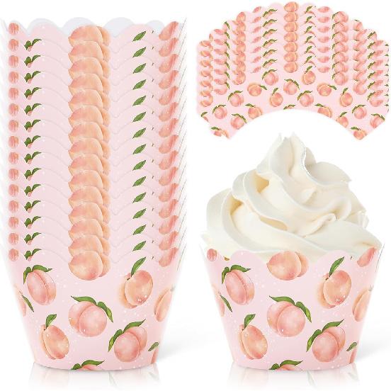 Whaline 36Pcs Strawberry Cupcake Wrappers Red Pink Strawberry Flower Cupcake Liners Decorative Cupcake Holders for Birthday Baby Shower Party Cake персиковый