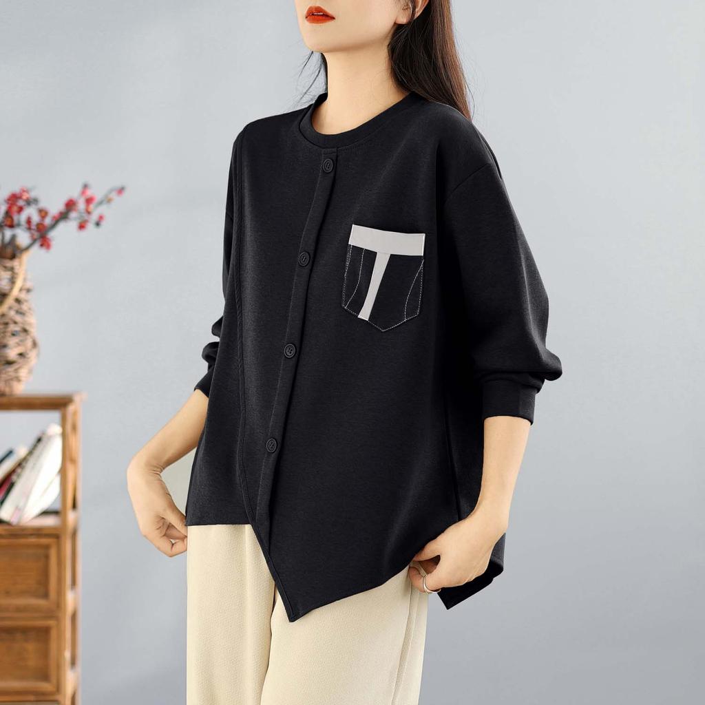 DIMANAF 2025 Podzimní Tričko Plus Size Dámské Dlouhý Rukáv O-Výstřih Volné Jednobarevné Topy Trička Bavlna