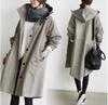 Women Windbreaker Hooded Button-down Loose Pure Color Coat Long Sleeves Knee