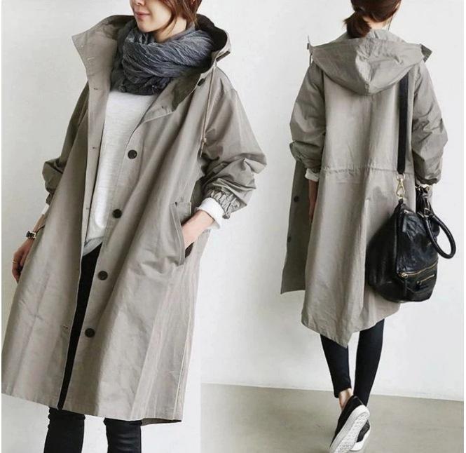 Women Windbreaker Hooded Button-down Loose Pure Color Coat Long Sleeves Knee