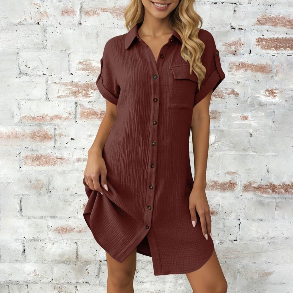 Women Button Down Shirt Dress Short Sleeve Collared Casual Loose Fit Summer Tunic Dress with Pocket and Rolled Cuffs