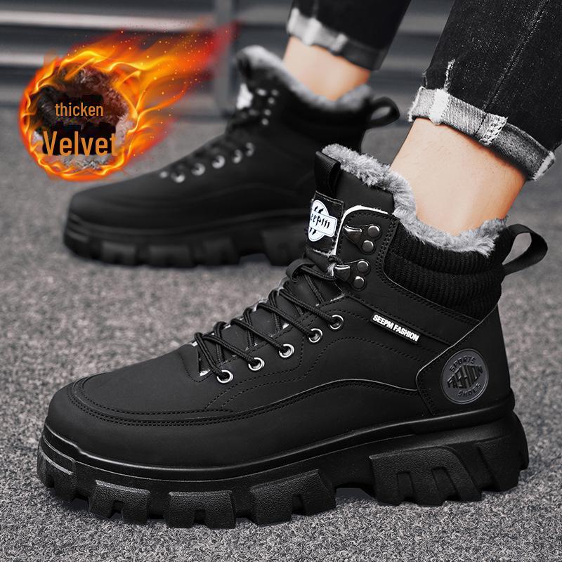 British Style Men's Winter High-Top Velvet Lace-Up Cotton Boots with Thick Soles