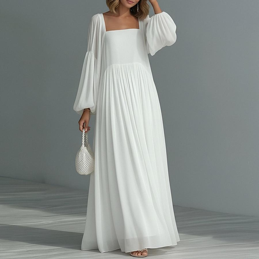 Jarní Novinky Dámské Oblečení Módní Ležérní Elegantní Čtvercový Výstřih Volné Jednobarevné Šaty