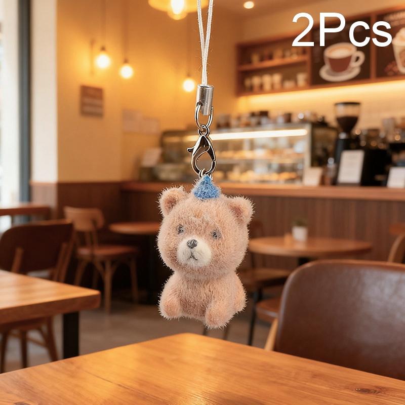 2Pcs Cute Flocking Resin Dog Keychains Bag Pendant Cartoon Animal Mobile Phone Lanyard Accessories Hanging Decoration