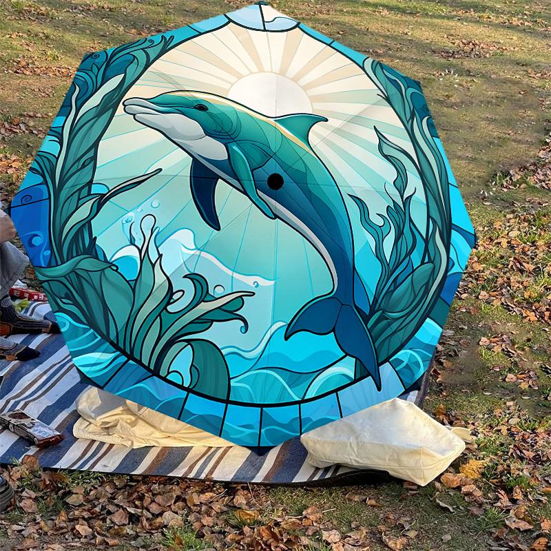 1PC Dolphin Stained Glass Automatic Open/Close Umbrella with Windproof, 8-Rib Sturdy Canopy, Durable Ribs, Fashionable Design,1248A
