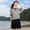 Women's Plus Size Striped Hollow-Out Knit Short Sleeve Top