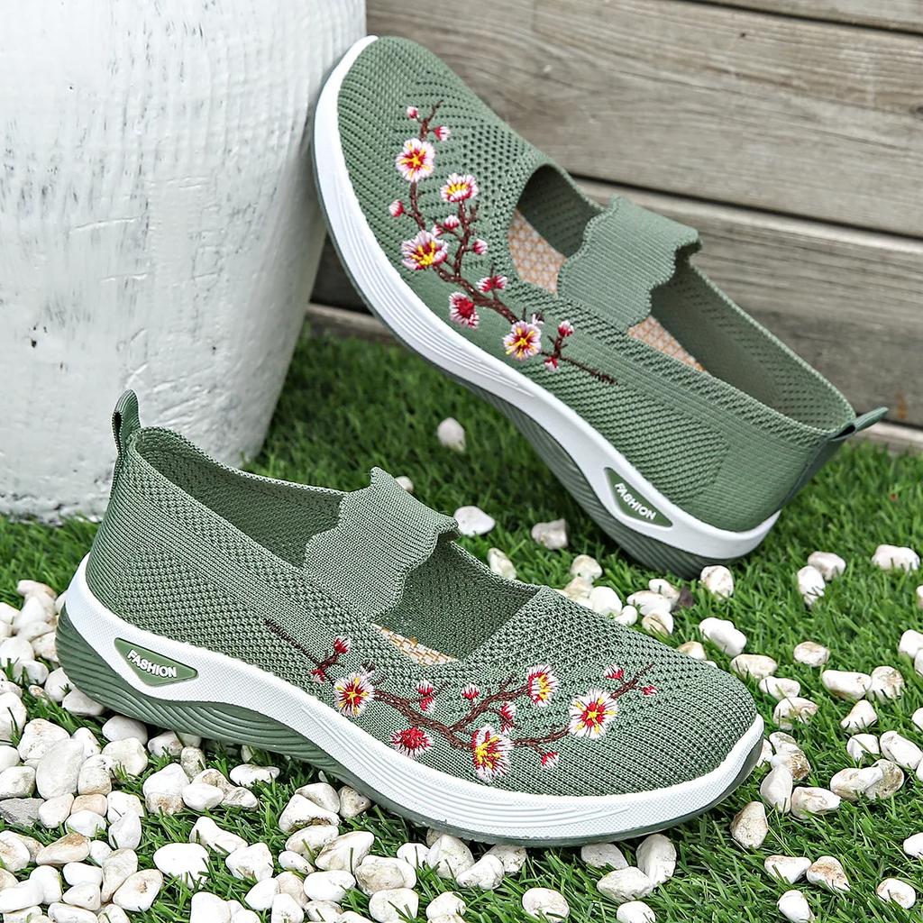 Fashion Women Fashion Leisure Flat Shoes Spring Autumn Flat Square Toe Knitting Elastic Soft Sole Comfortable Slip-on Shoes Plus Size 43