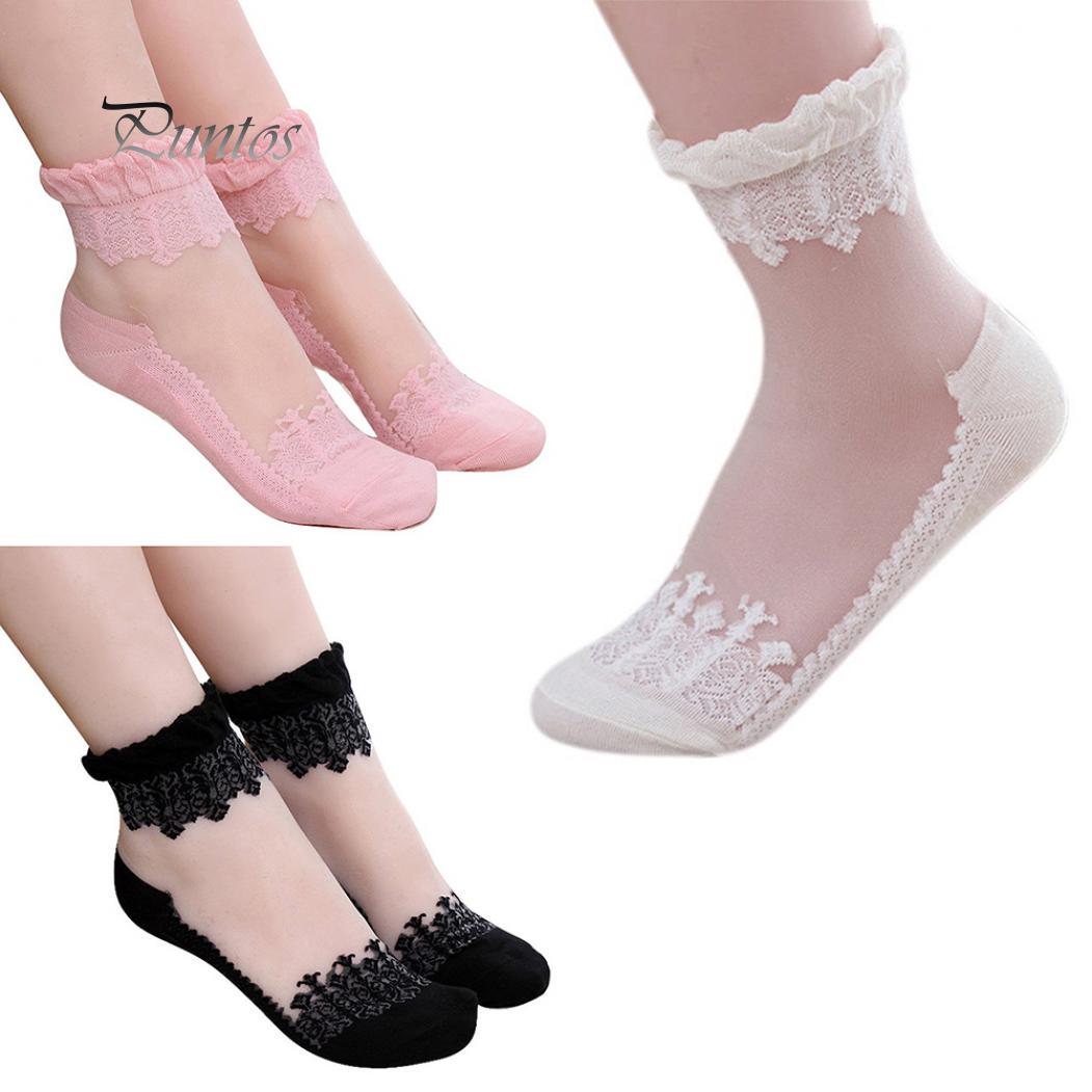 

Готические женские кружевные ультратонкие прозрачные дышащие эластичные короткие носки в подарок чёрный