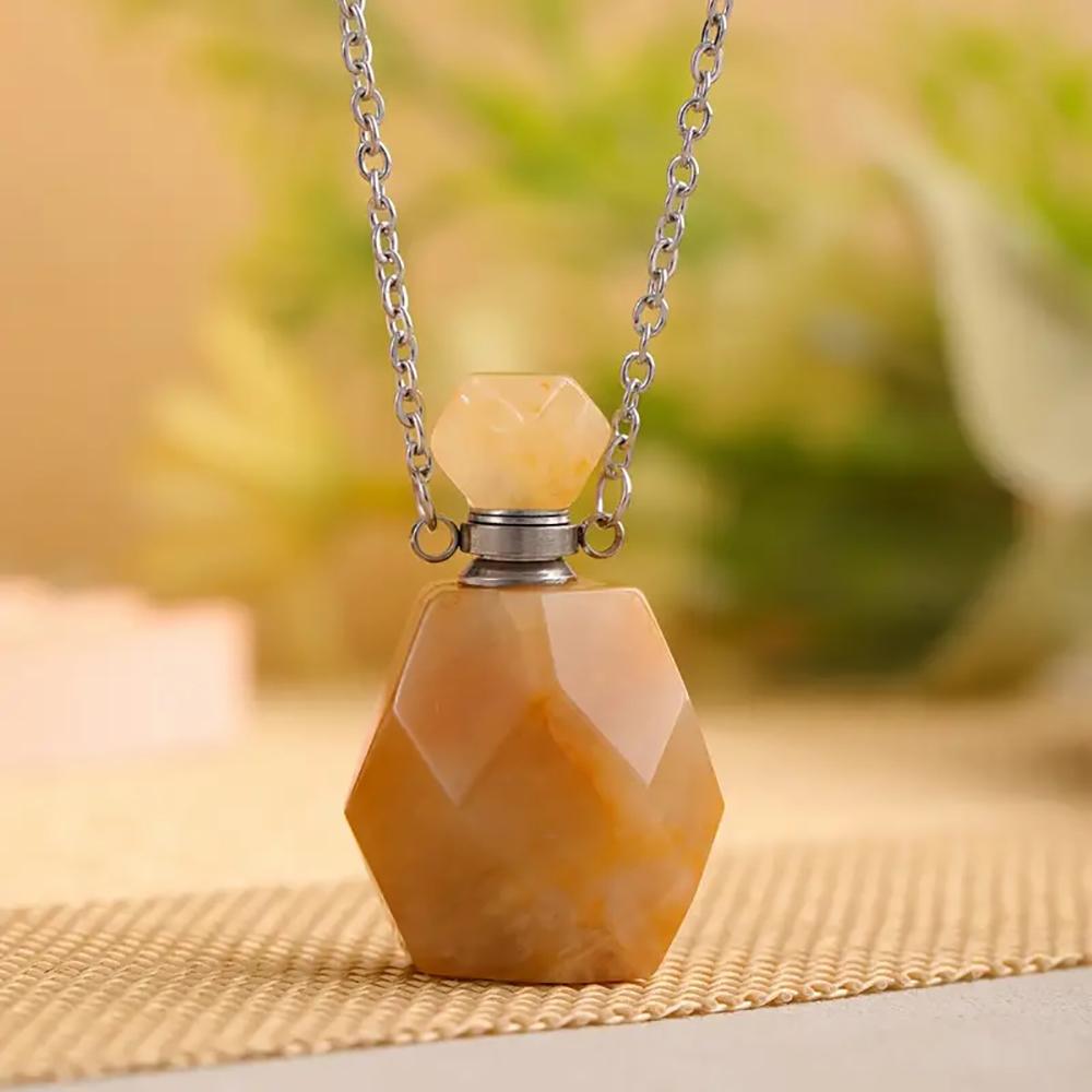 1pc Natural Stone Perfume Bottle Pendant Necklace Stainless Steel Aromatherapy Essential Oil with Stone Quartz for Women