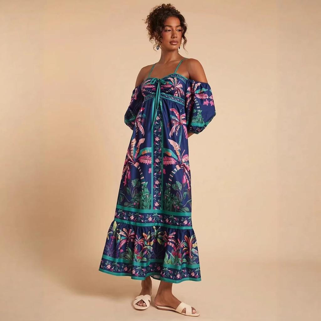 European and American Summer Models, Positioning Printing Suspenders, One-word Shoulder Off-the-shoulder Dress D04