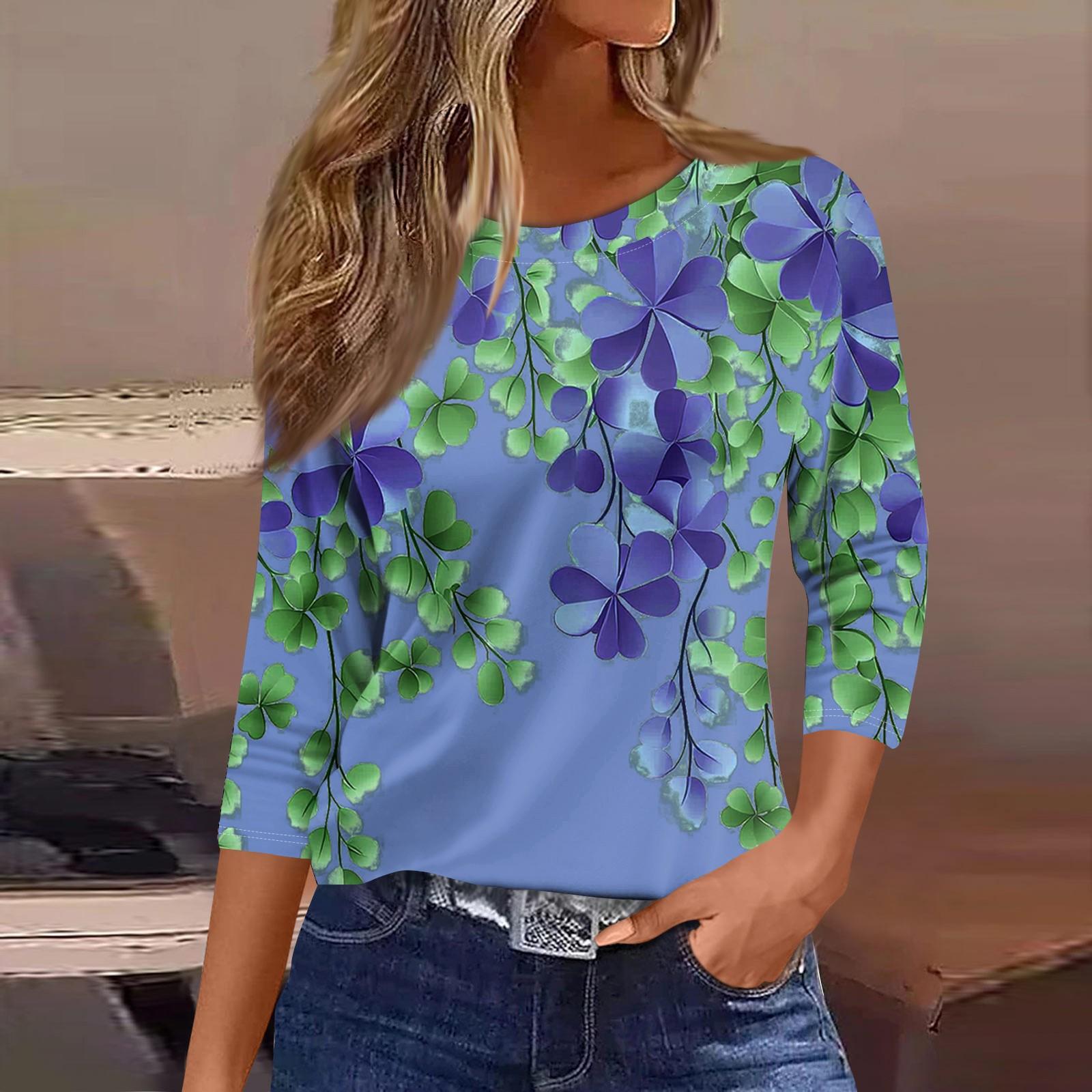 

Женские топы с рукавами 3/4, цветочный принт, винтажная мода, повседневные свободные рубашки с круглым вырезом больших размеров XL синий
