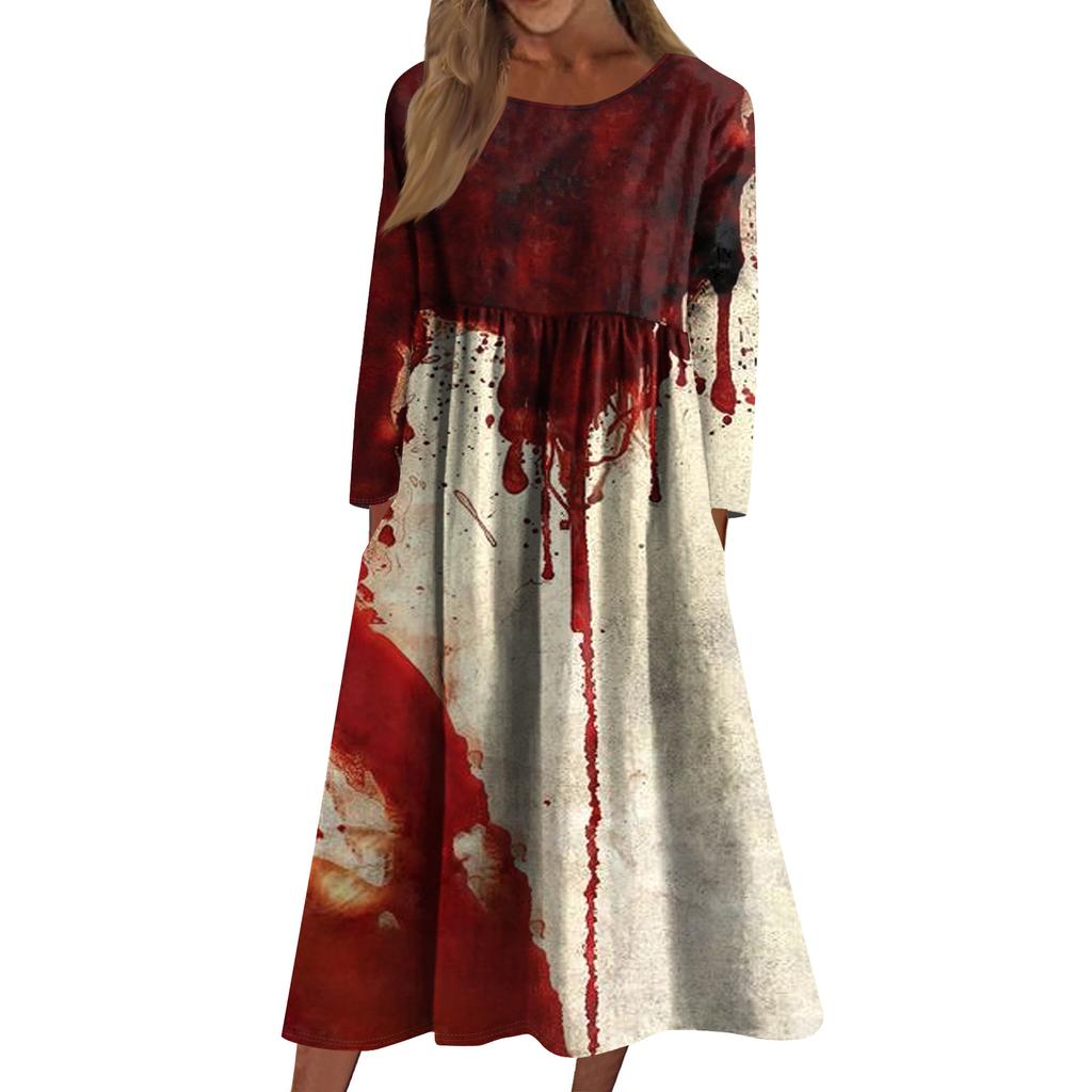 Women's Casual -neck Halloween Print Mid-length Dress Long-sleeved Dress With Pocket