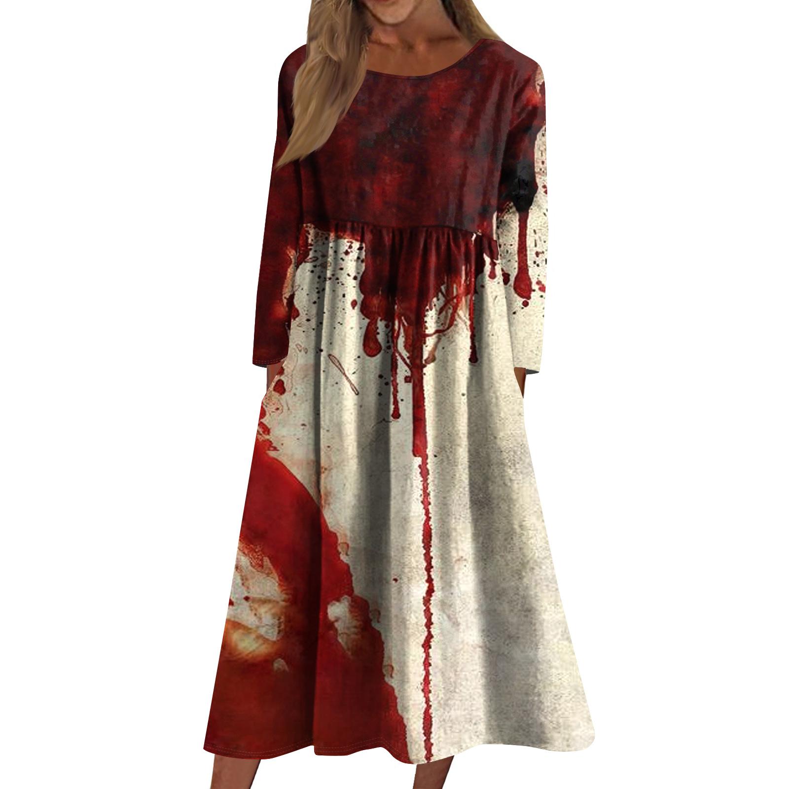 

Женское повседневное платье средней длины с круглым вырезом и принтом Хэллоуина, платье средней длины с длинными рукавами и карманом XL винный