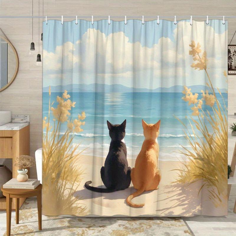 1pc Tranquil Ocean & Cat Scene Shower Curtain - Soft Polyester, Realistic Beach & Cats Design, Cat Shower Curtain
