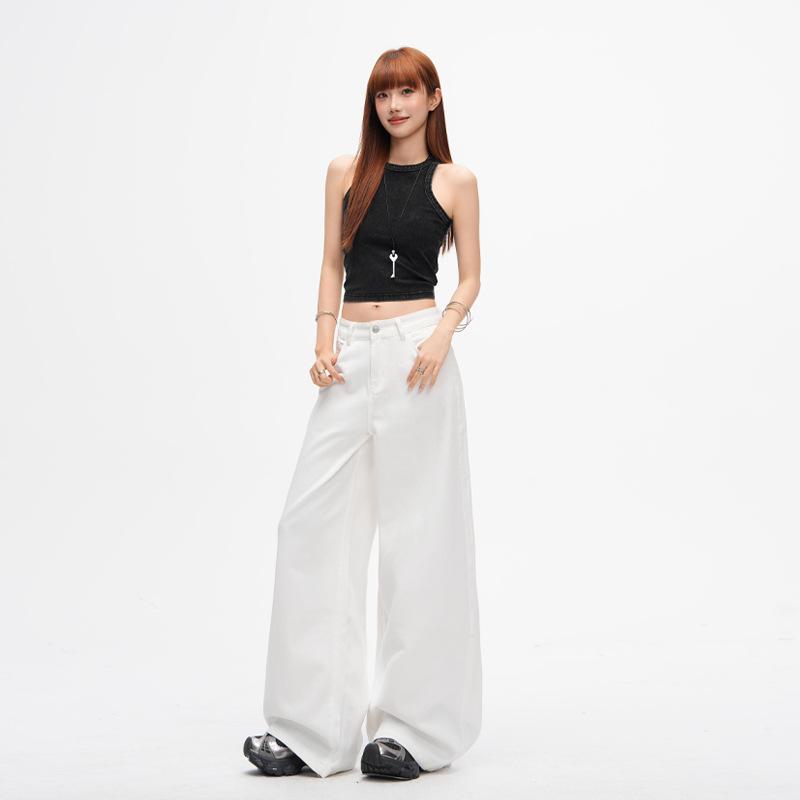 White wide-leg jeans women's spring and summer new high-waisted simple and versatile loose and thin straight-leg pants