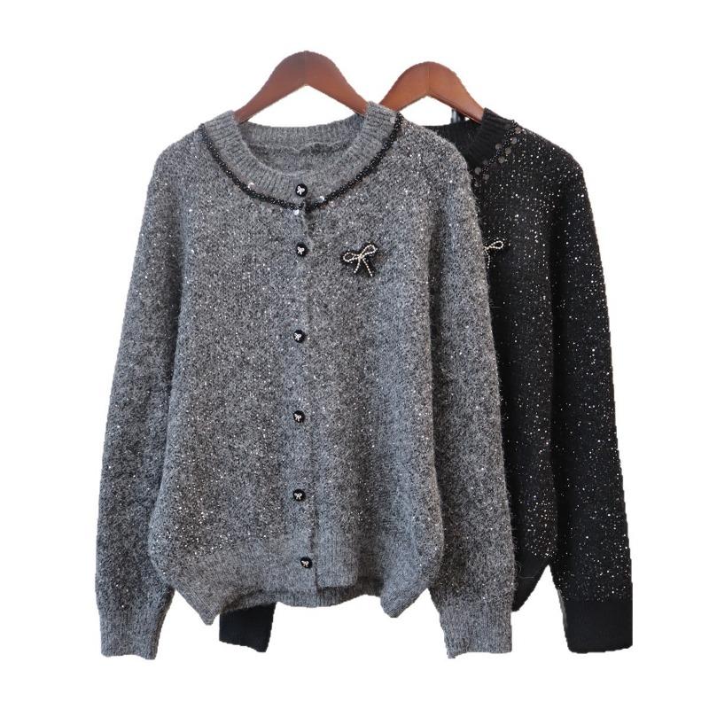 Knitted cardigan autumn and winter new loose sequined bow sweater jacket women