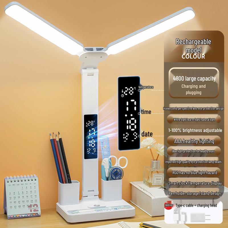 Rechargeable LED Desk Lamp: Eye-Protecting, Foldable, Three-Color Dimming for Students and Bedside Use