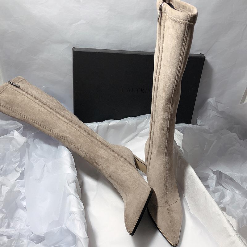 Fashion Vintage Pointed Toe Elastic Slim Women Knee High Boots Designer Square High Heels Zipper Long Botines De Mujer