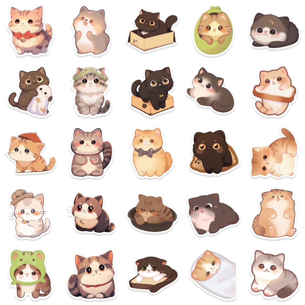 50Pcs Cartoon Cats Sticker Water Resistant Aesthetic Sticker for Water Bottle Scrapbook Journal Laptop Guitar Luggage