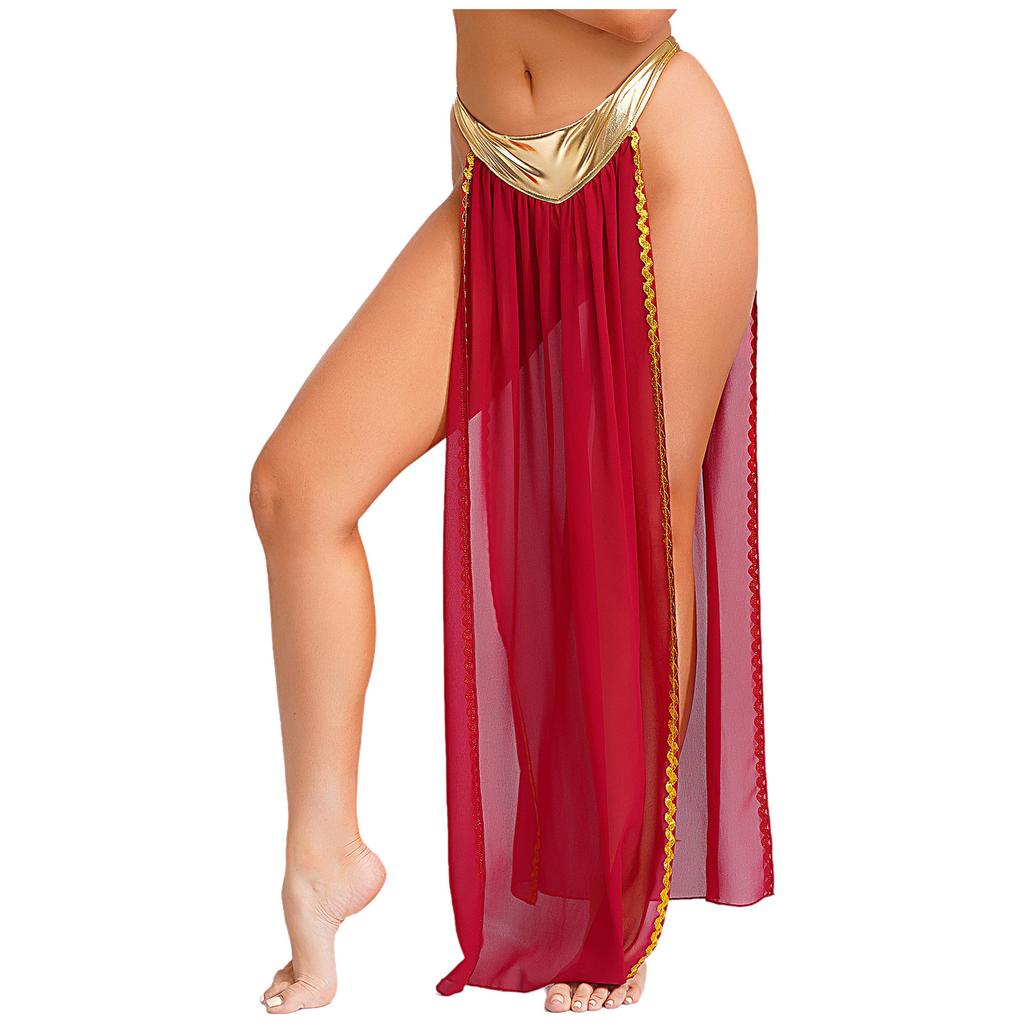 Costume da Regina Antica da Donna Slip Gonna in Chiffon Spacco Laterale Metallizzato Riflettente Rifiniture Dorate Outfit di Halloween