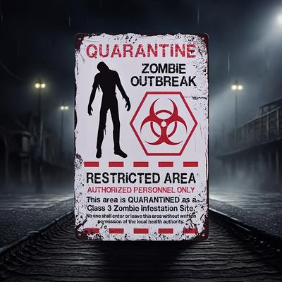 Vintage Quarantäne Zombie-Ausbruch Metallschild Rustikal Rot Weiß Wanddekor mit Biohazard-Symbol Vorgebohrt für einfache Installation