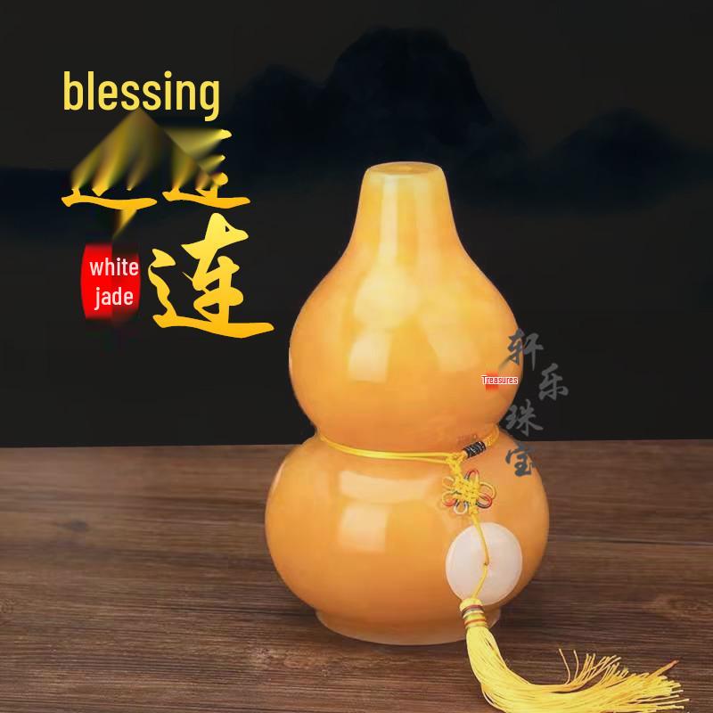 Beige Jade Gourd Stone Ornament with Auspicious Clouds - Handcrafted Gift for Office or Business