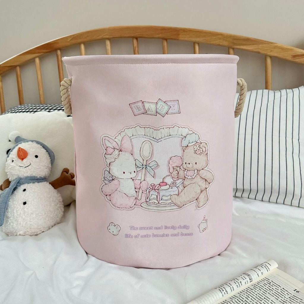 Girly Cartoon Bear Laundry Basket - Large Capacity, Foldable Storage Bin for Clothes & Plush Toys