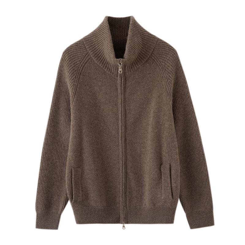 Women's Elegant Cashmere Cardigan: Winter 2026, Double Zipper, Loose Fit, Lapel Base Layer, Warm Outerwear