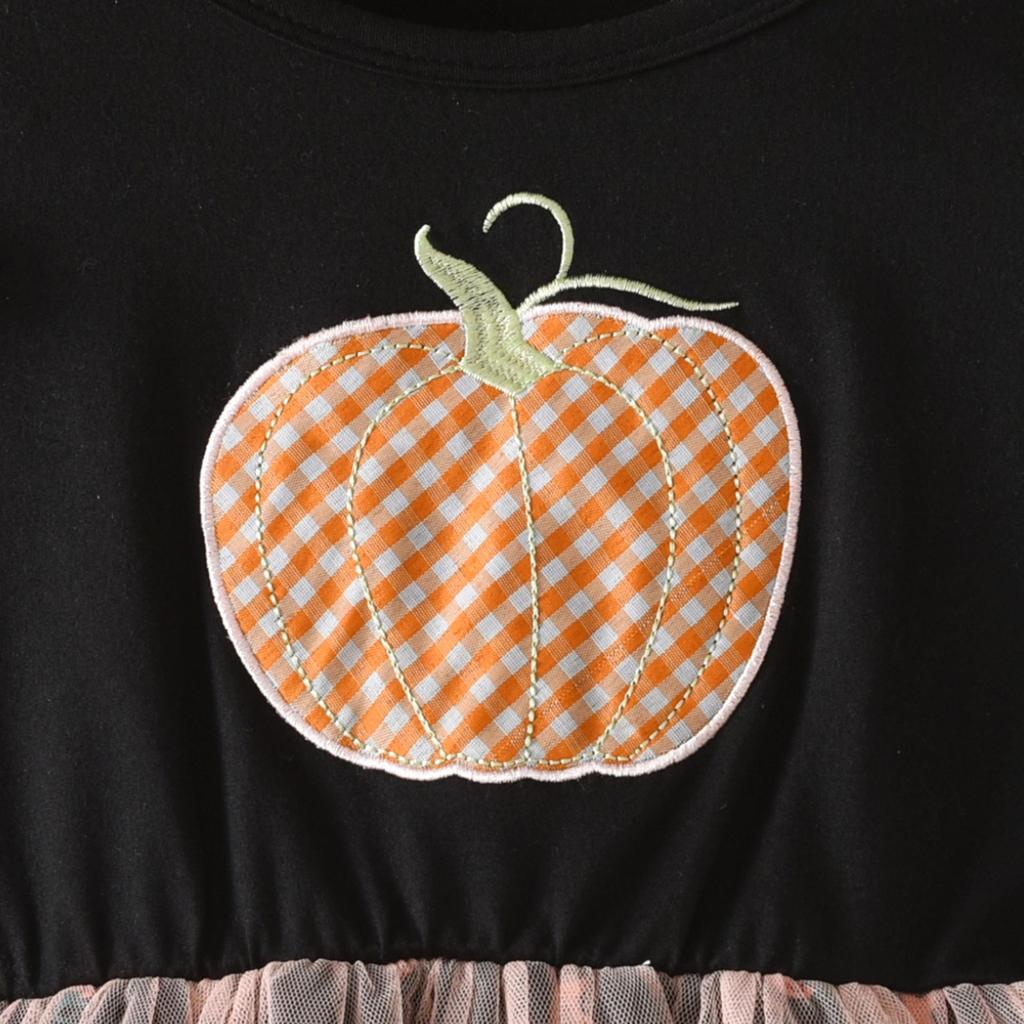 New Halloween Appliqué Mesh Dress with Pumpkin Print & Short Sleeves