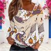 Women Plus Size Asymmetric Cutout Neck Cold Shoulder Long Sleeve Halloween Ghost Pumpkin Printed White Top