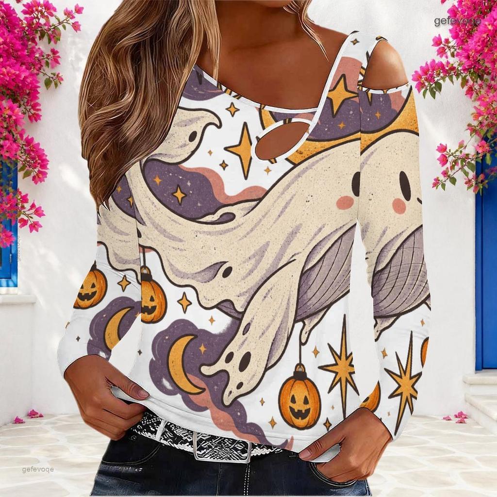 Women Plus Size Asymmetric Cutout Neck Cold Shoulder Long Sleeve Halloween Ghost Pumpkin Printed White Top