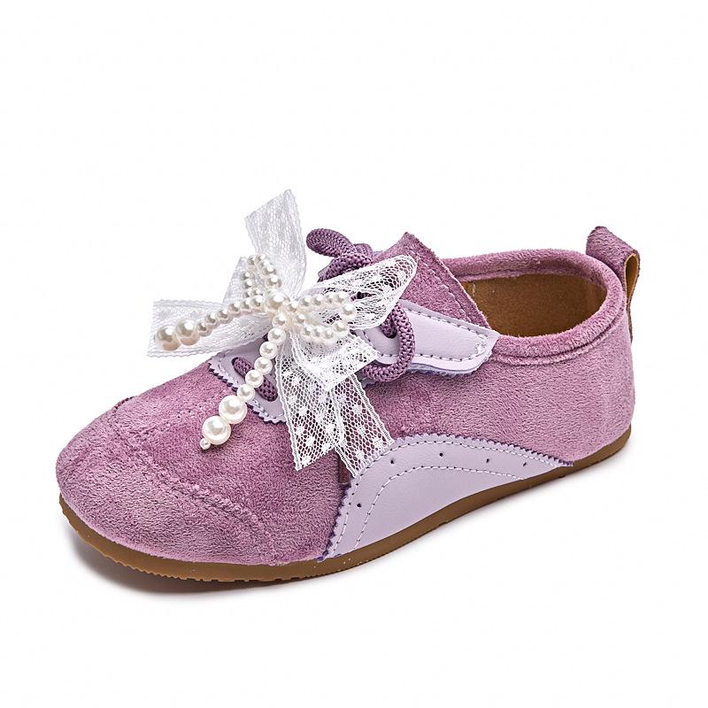 2025 Autumn Korean Retro Casual Shoes for Kids with Bow, Pearl, and Lace-up Design