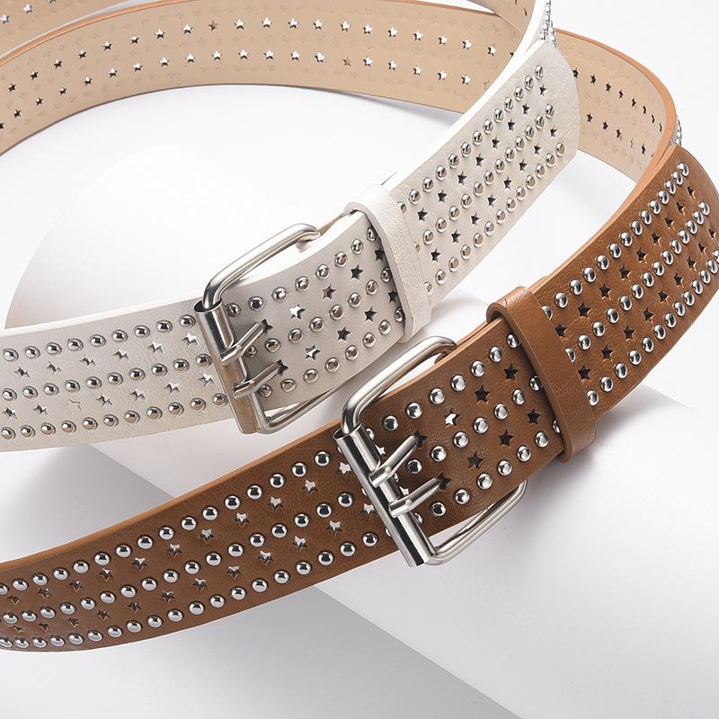 Punk Style Rivet Punching Personalized Women'S Belt Decorative Fan Pin Buckle Wide Belt