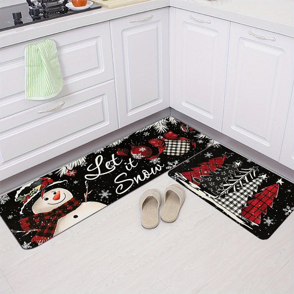 Christmas Plaid Tree Snowman Snowflake Kitchen Rug Set Non Slip Washable Floor Mat Indoor Holiday Decor