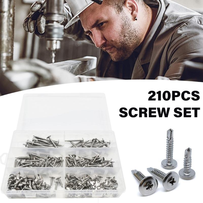210Pcs Stainless Steel Round Head Washer Drill Tail Self Tapping Screws High Strength Sheet Metal Screws Enduring