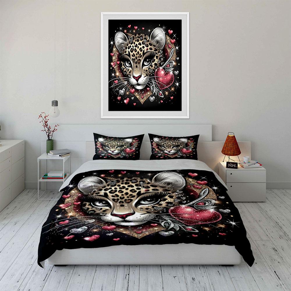 Gorgeous Leopard Head Heart Bedding Set for Kids Luxury Gift 3pcs Digital Print Comforter Set Soft Comfortable Breathable