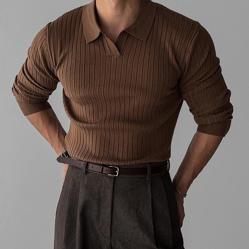 Herbstkleidung Herren Leichter Luxus V-Ausschnitt Gestricktes Jacquard-Poloshirt Einfarbig Langärmelig Koreanisch Beliebt Freizeit Strickware S braun