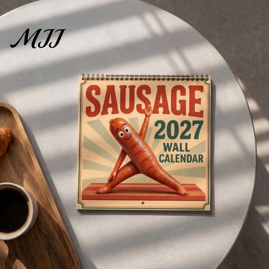 Coated Paper Wall Calendar Sausage 2027 Calendar, Funny Figure 12 Month Planner Creative Home Office Decor with Spiral Binding, Novelty Hanging